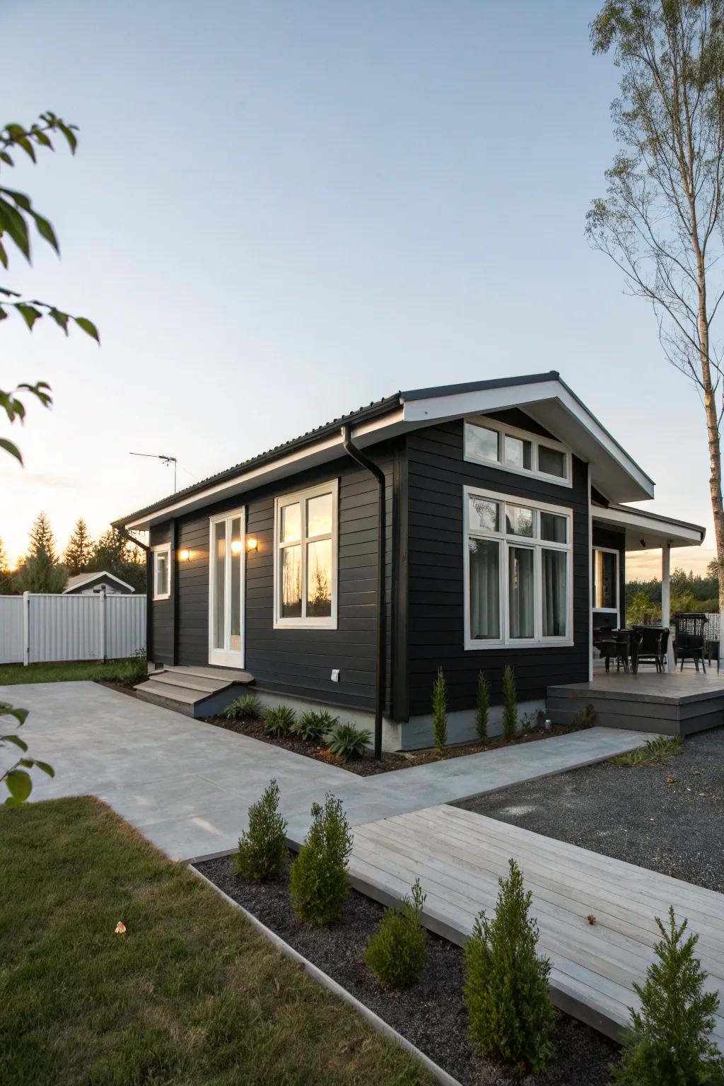 A striking black and white exterior provides bold contrast for smaller residences.