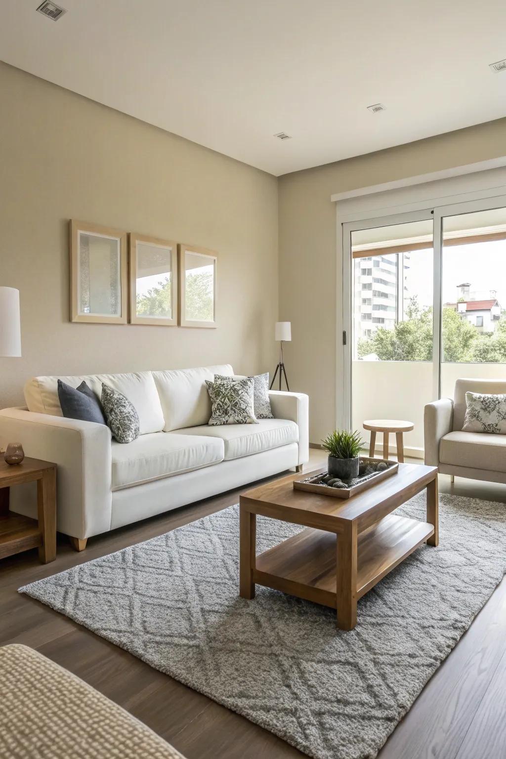 A compact living room showcases neutral tones and sleek furnishings, enhancing the perception of spaciousness.