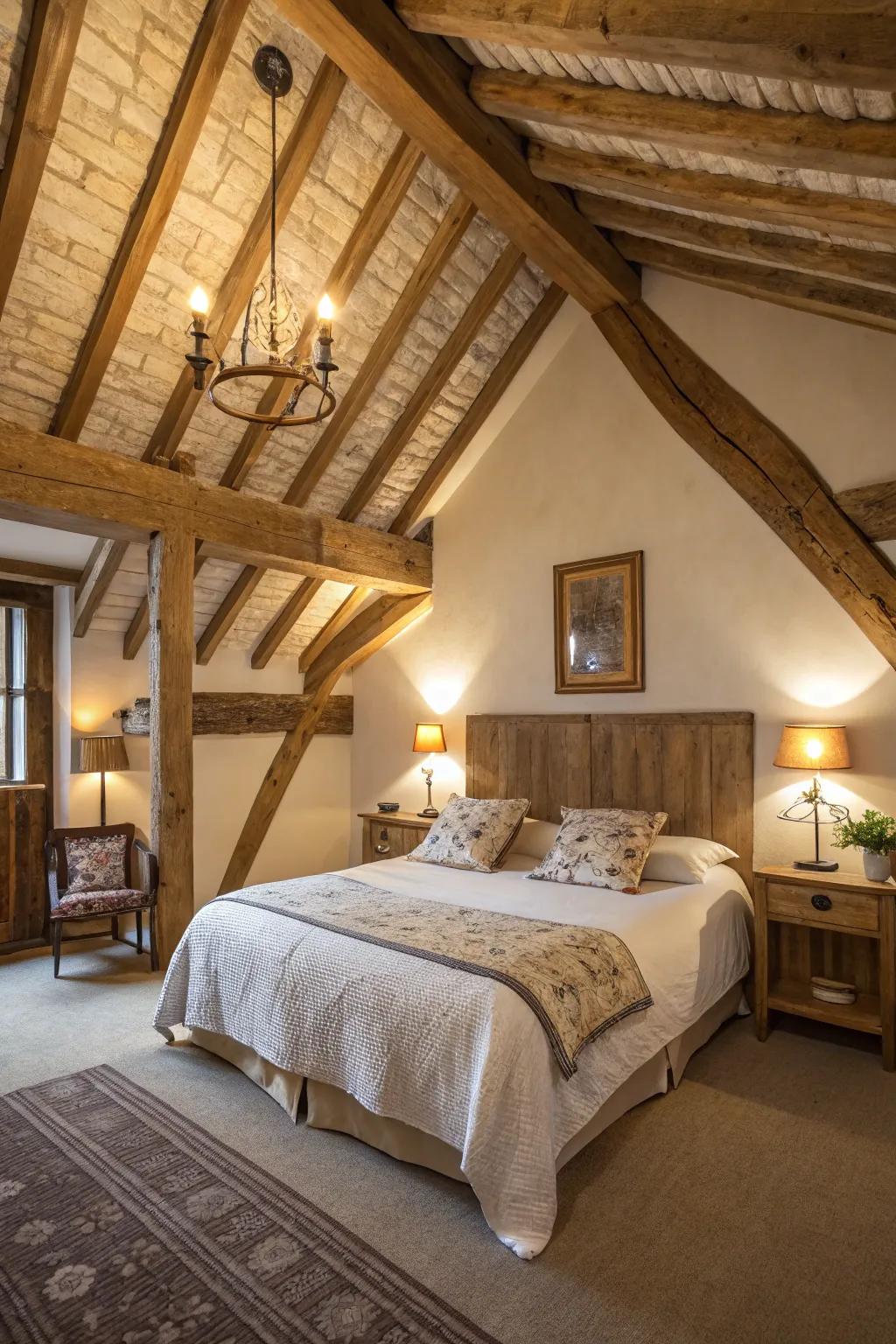 Exposed timber beams add rustic charm and authenticity to a modern Spanish bedroom.