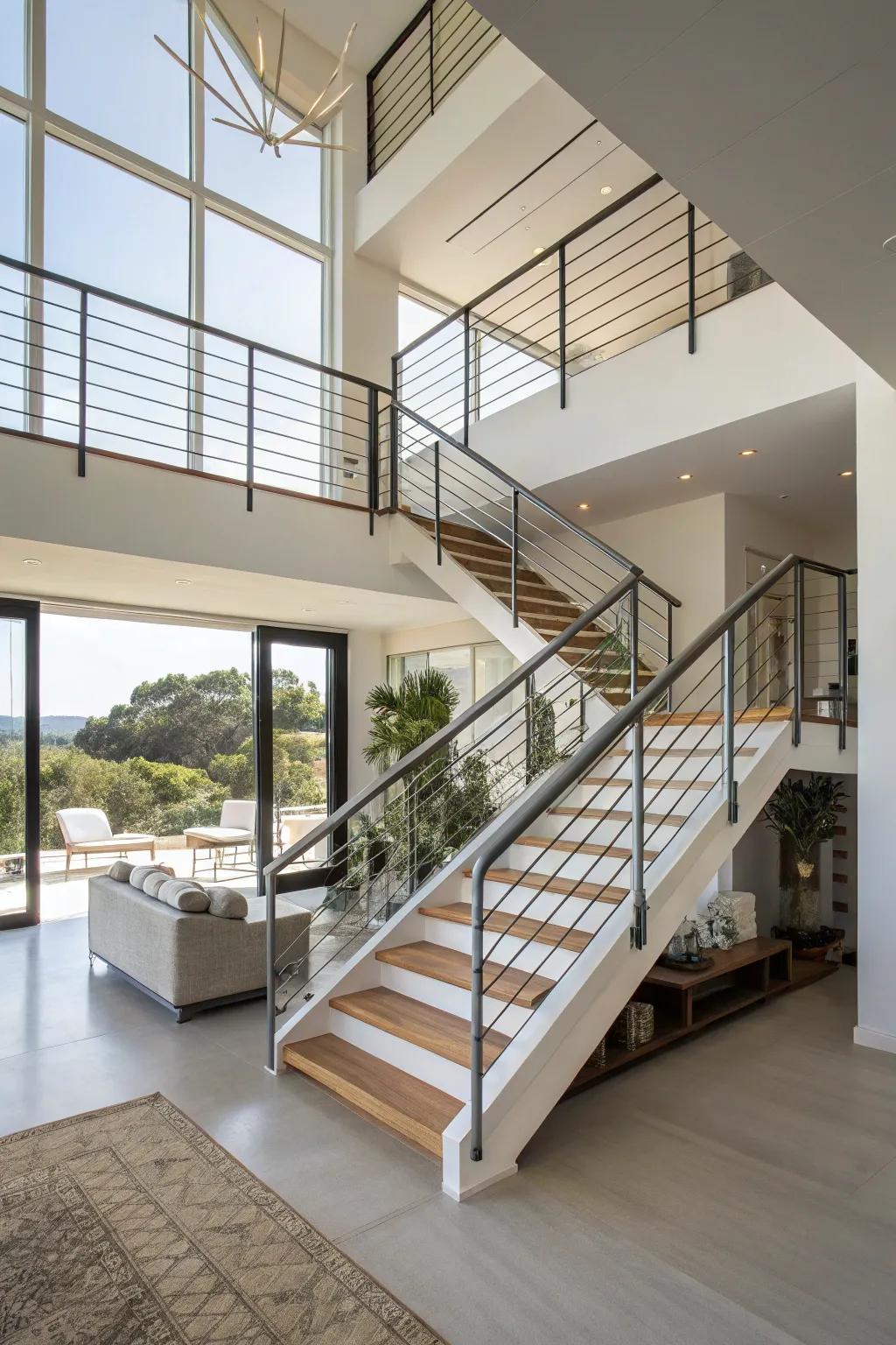 Minimalist metal railings enhance an open ambiance in a modern residence.