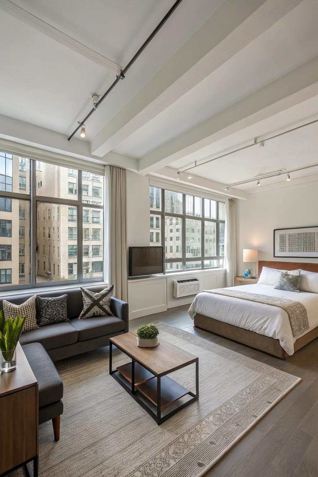 A contemporary studio apartment with an open floor plan that smoothly integrates living and sleeping areas.