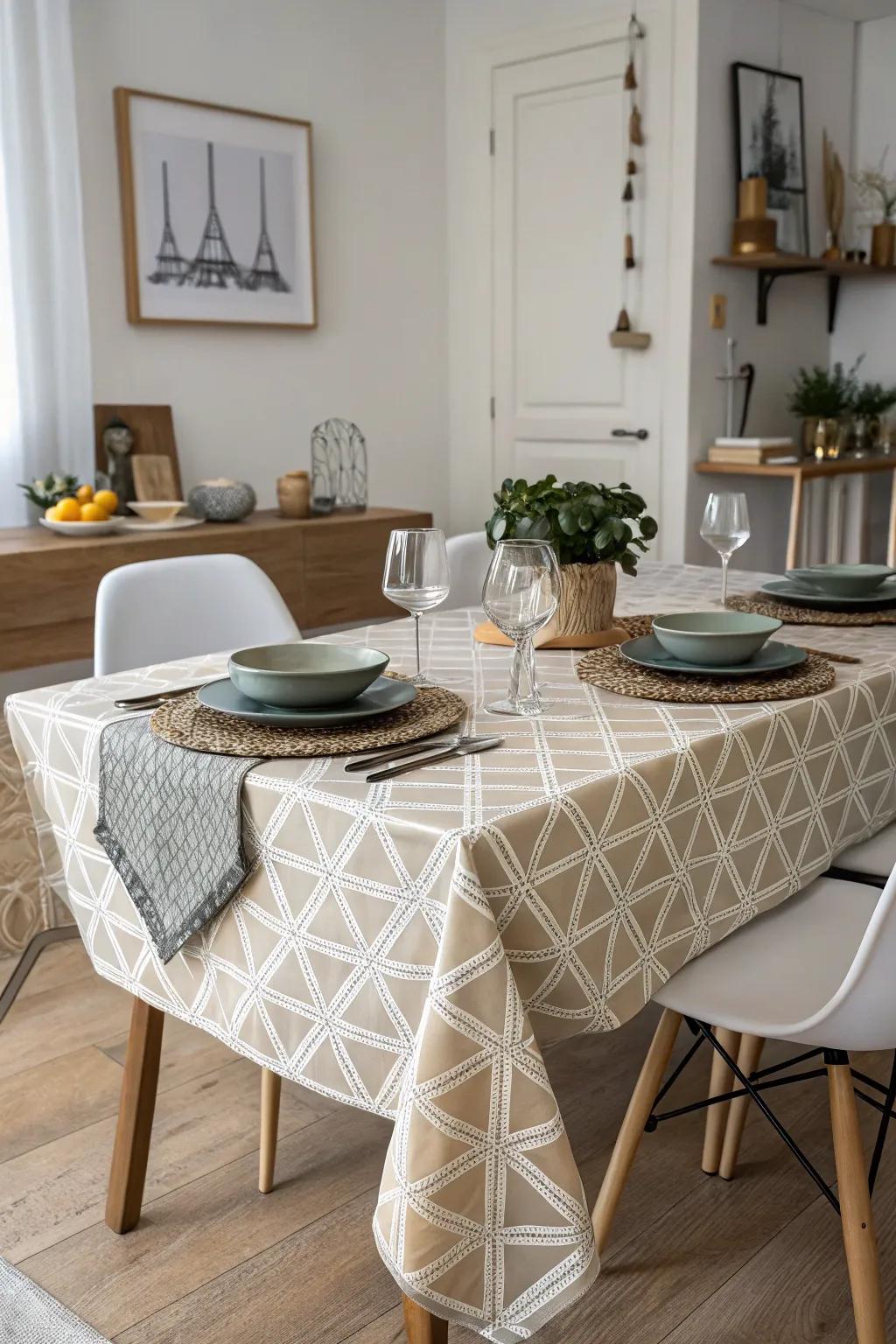 A bold geometric pattern tablecloth adds a statement to the dining room.