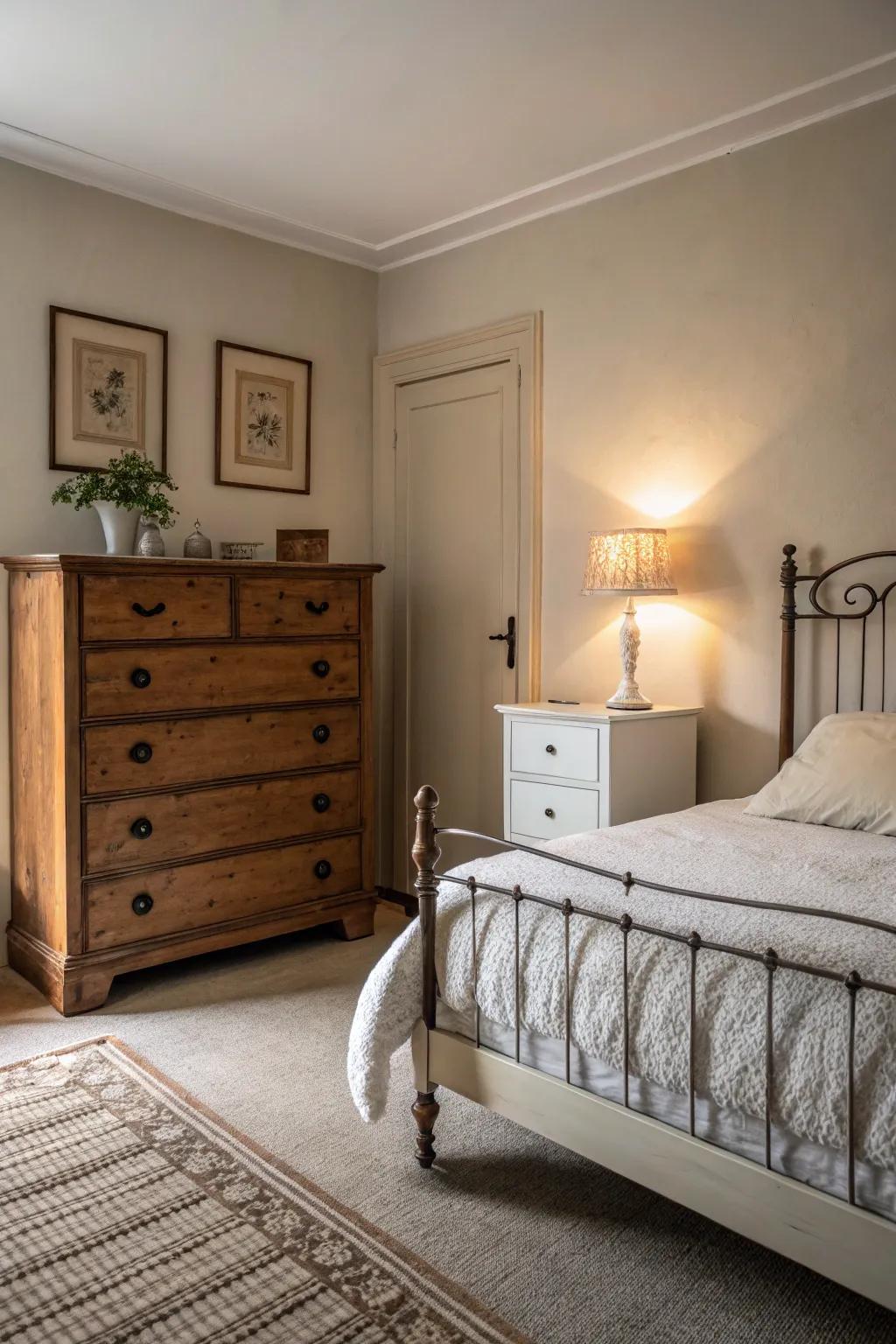 A retro bureau brings in character, while a simple bedstead maintains the room's modern feel.