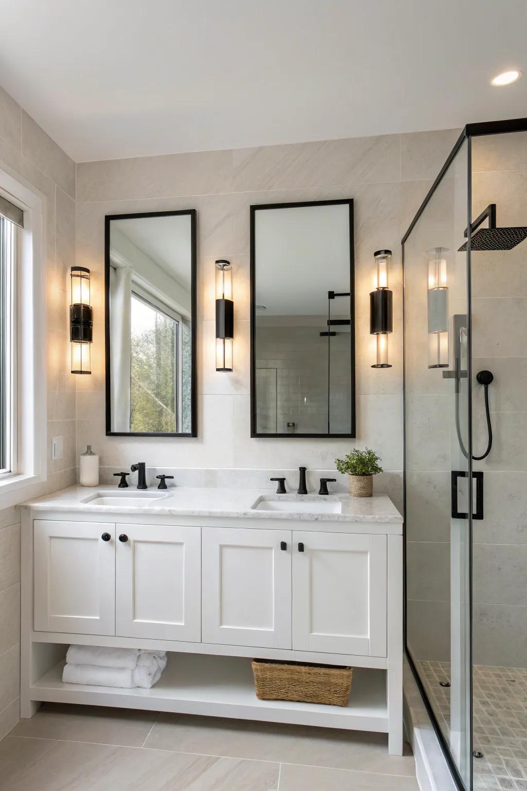 Stylish wall sconces enhancing a modern bathroom's appeal.