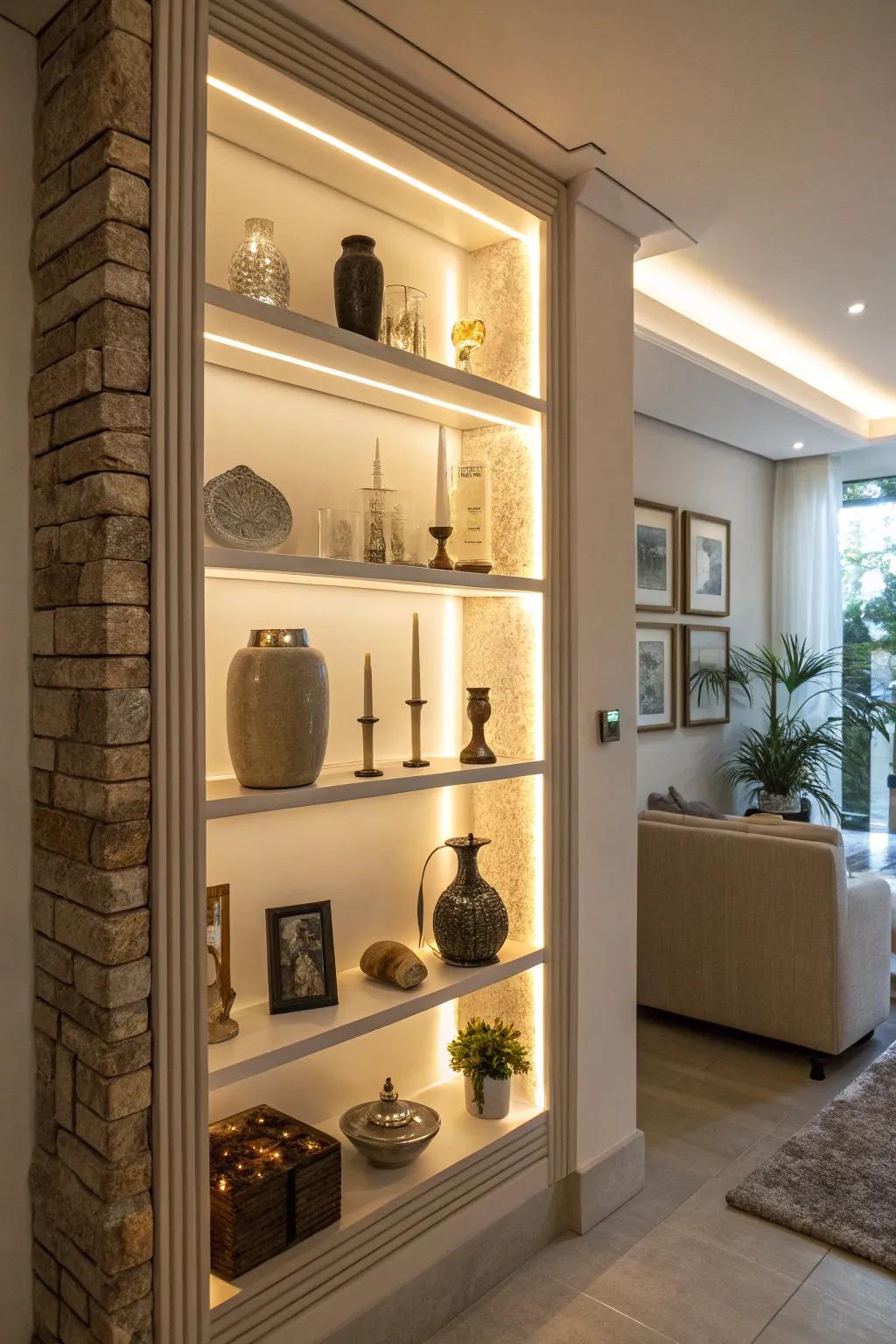 An exquisitely lit wall niche showcasing decorative items enhanced by LED bands.