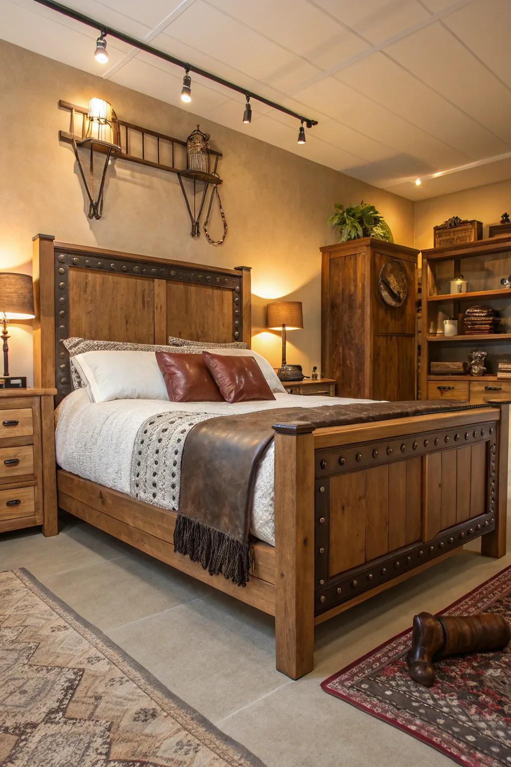 Original components such as lumber and rawhide establish a foundation for an inviting western boudoir.
