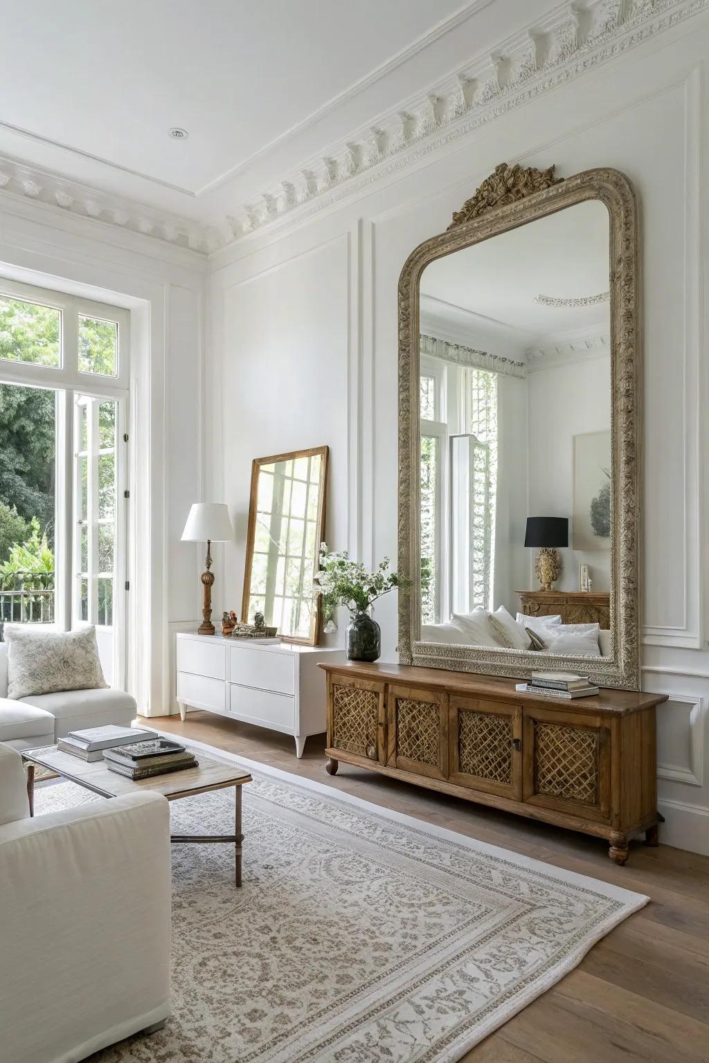 A large mirror reflecting light in a modern white living space.