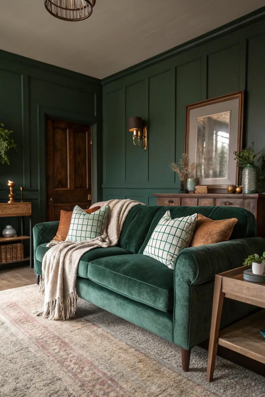 A living space featuring dark green walls and smooth velvet textures to establish a calm atmosphere.