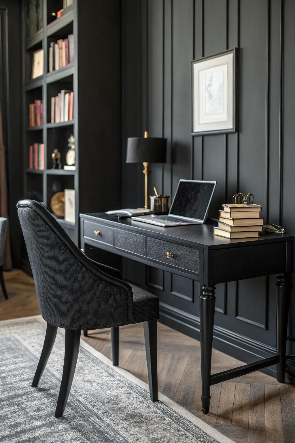 A smooth combination of dark shades to create an atmospheric office.