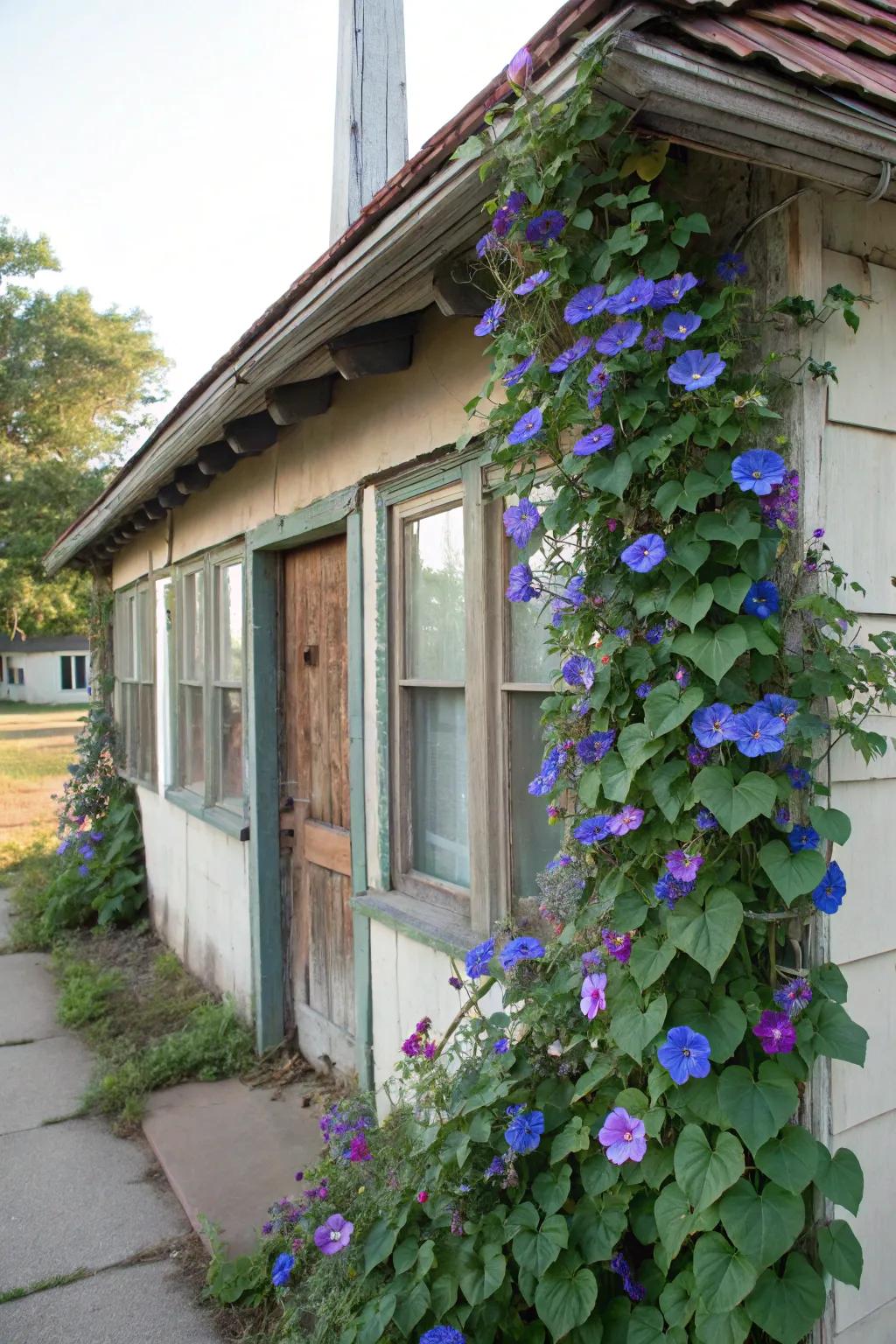 Morning glories with vivid blossoms framing house windows.