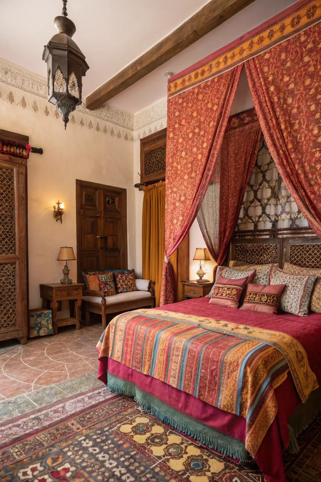Layering fabrics enriches the character of any Moroccan-styled bedroom.