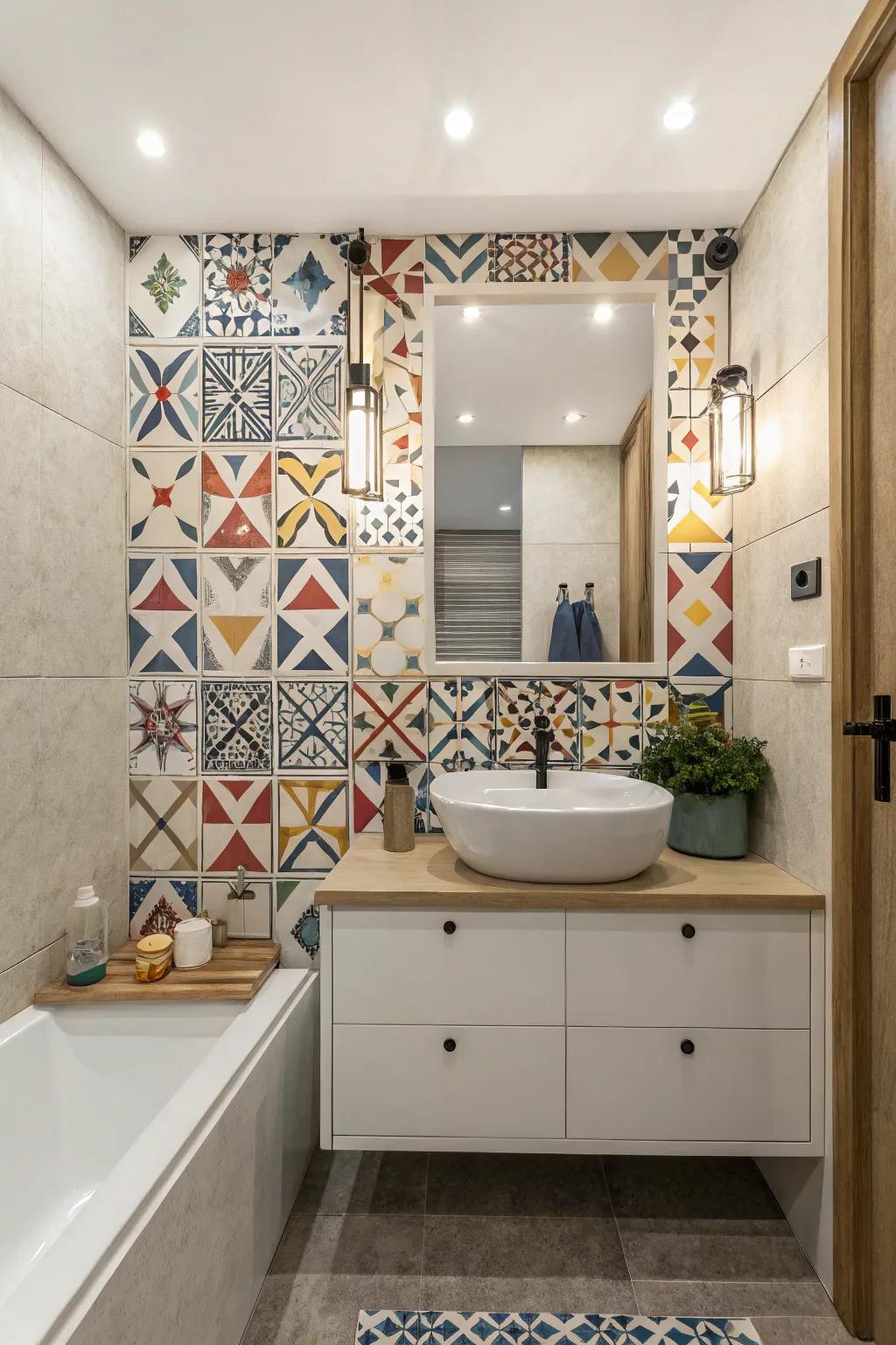 A bathroom styled with up-to-date geometric pattern mosaic tiles.