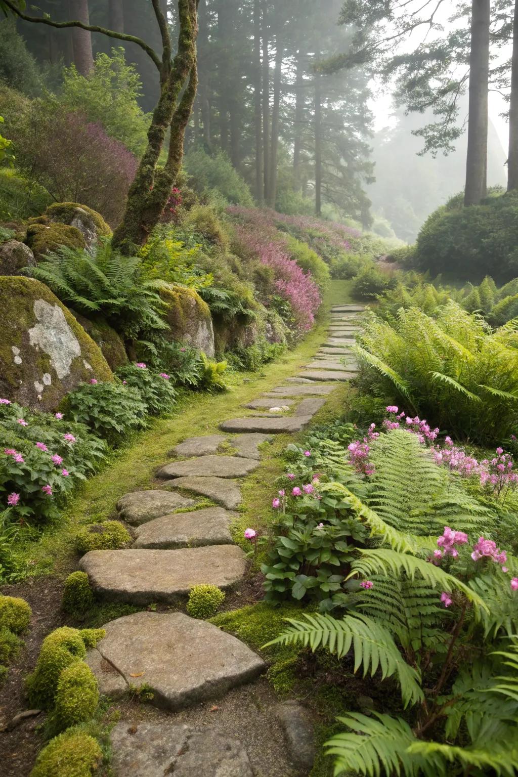 A delightful moss stone path meandering through a lively garden.
