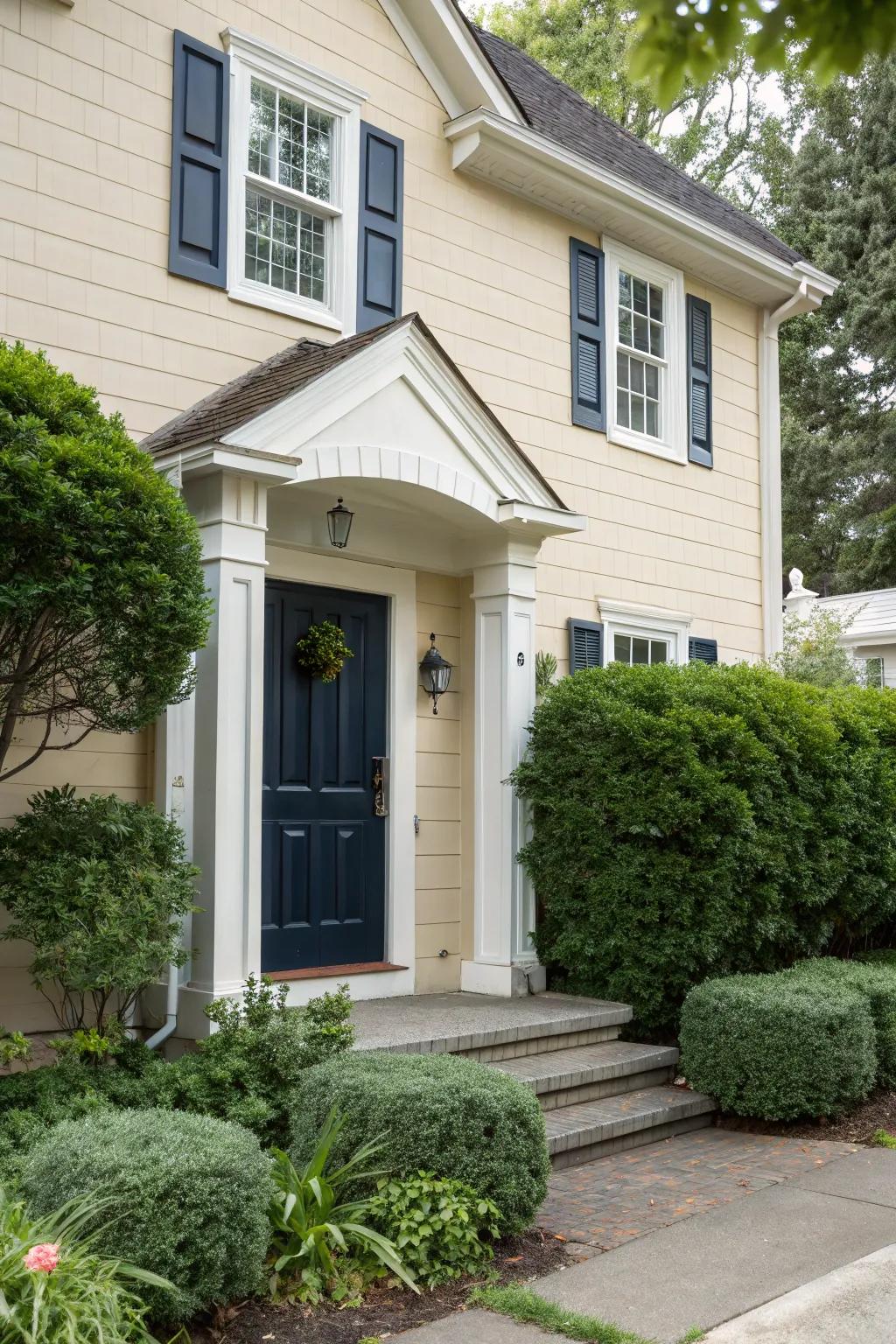 Indigo on a beige house creates a classic and sophisticated look.