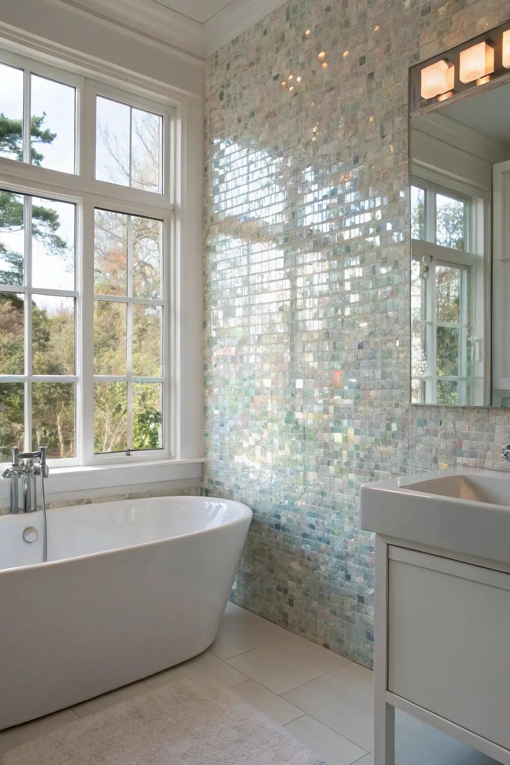 A nacre accent wall introduces an element of opulence and calm to any bathroom setting.