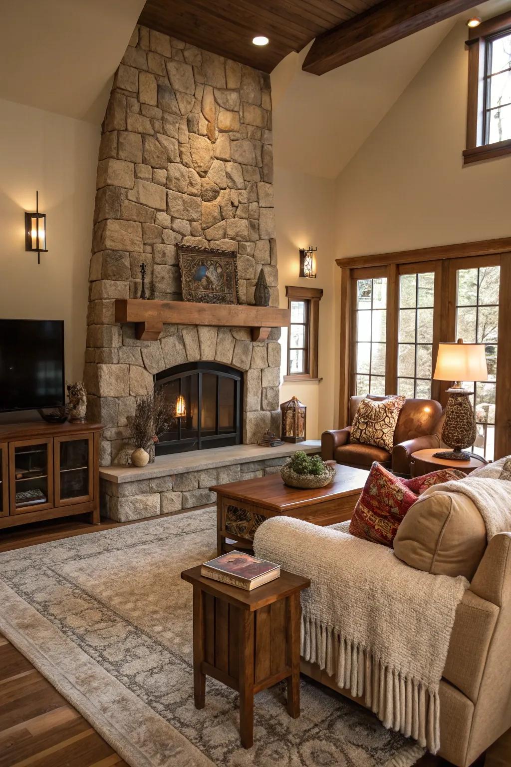 An appealing living space designed around a stunning stone fireplace.