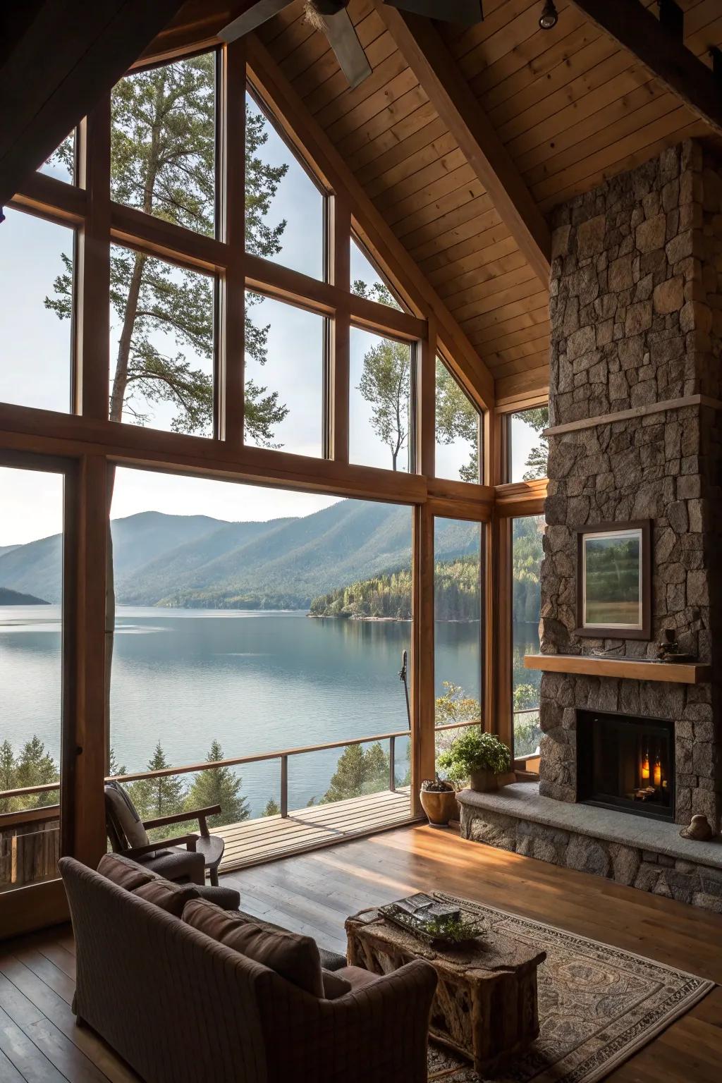 Expansive windows seamlessly merge the indoors with the tranquility of the lake.
