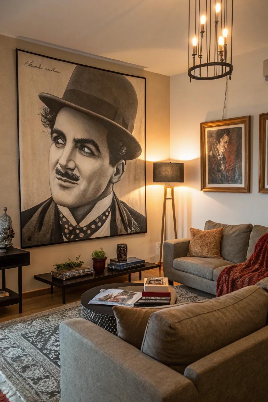A living room displaying a large, sophisticated character rendition of a film icon.