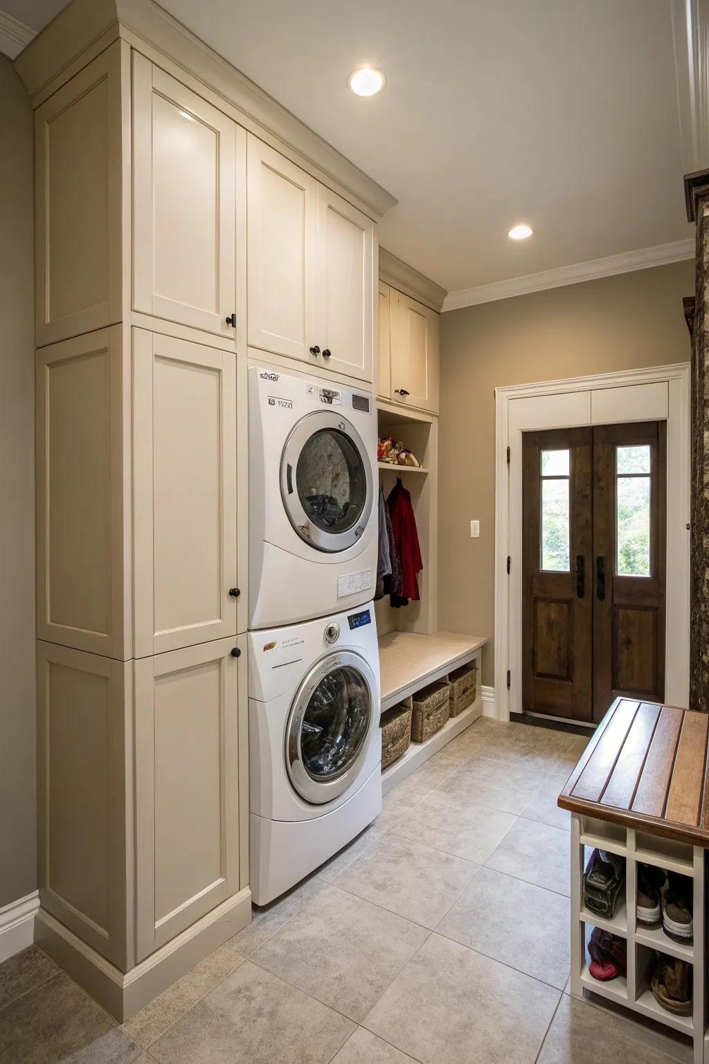 Stacked appliances allow for more storage in a compact utility entryway.