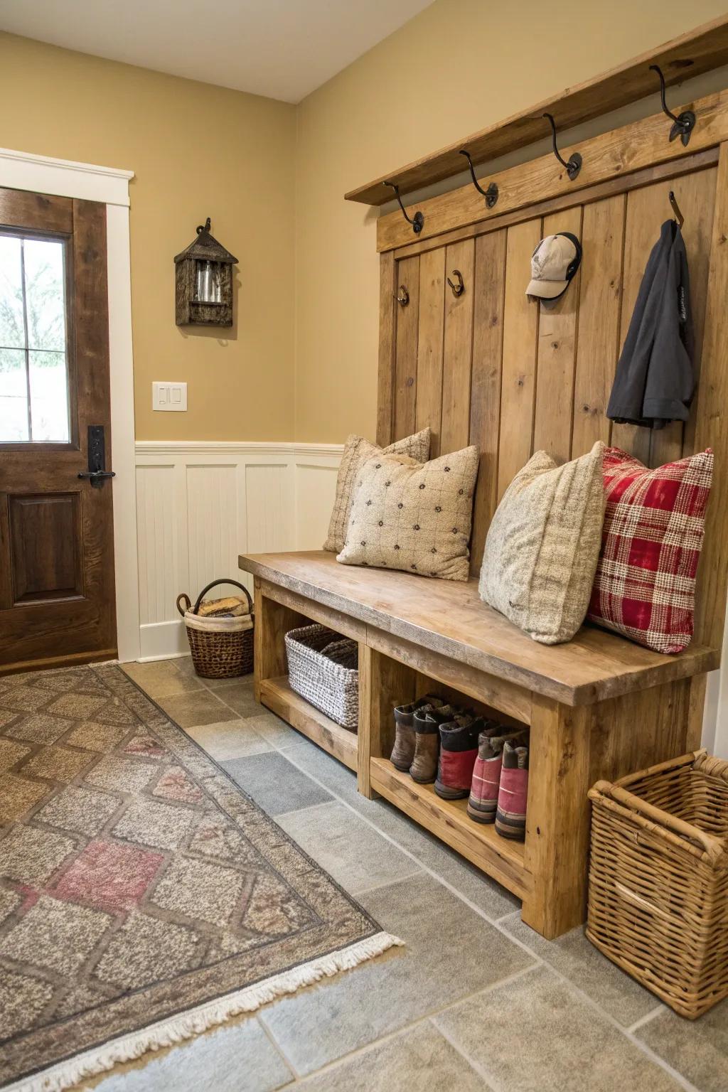 A welcoming mudroom showcasing a reclaimed wood bench complemented by soft cushions for seating.