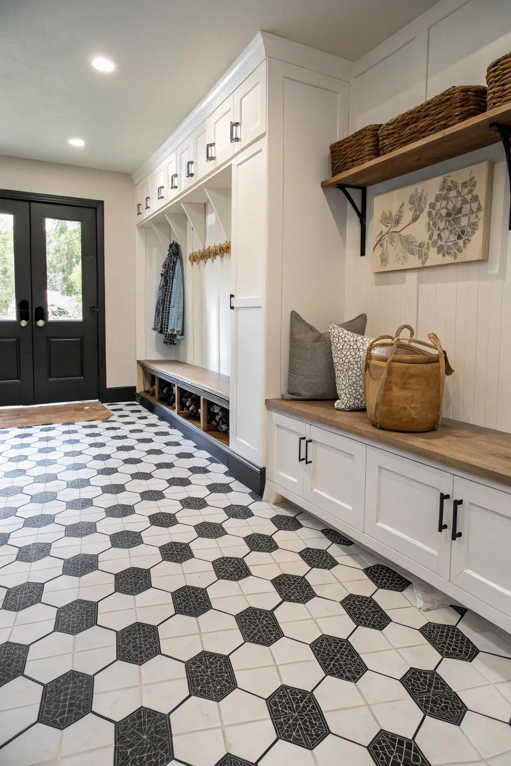 Make a bold statement with hexagon tiles in your mudroom.