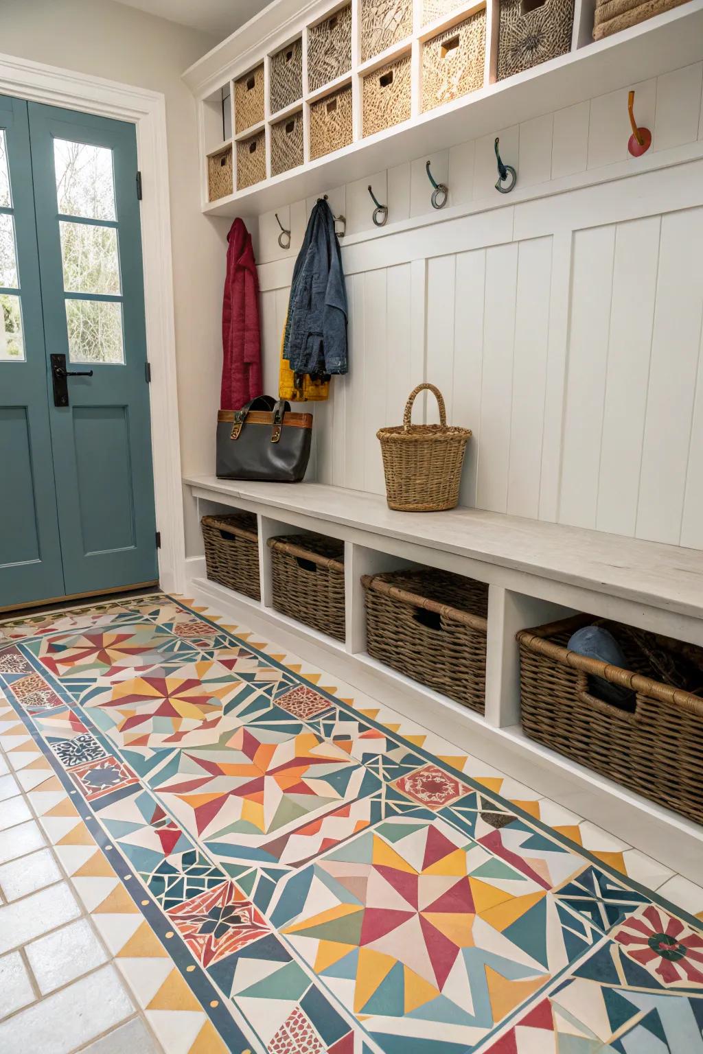 Geometric tiles bringing a dynamic feel to a mudroom