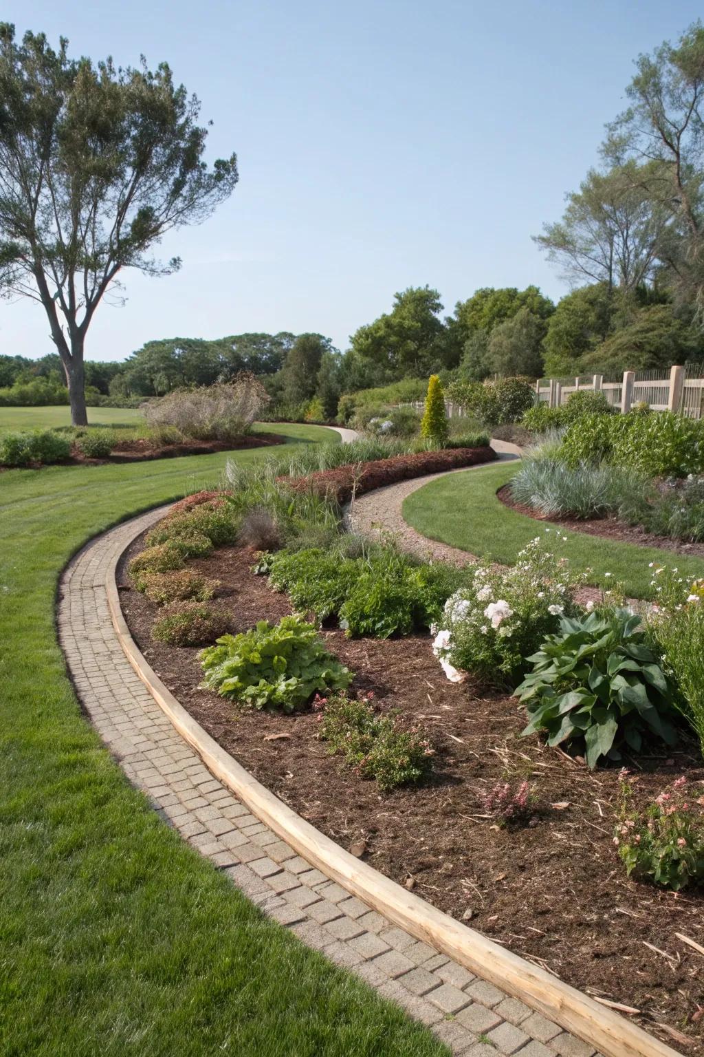 Curved mulch borders lend a gentle, natural aesthetic.