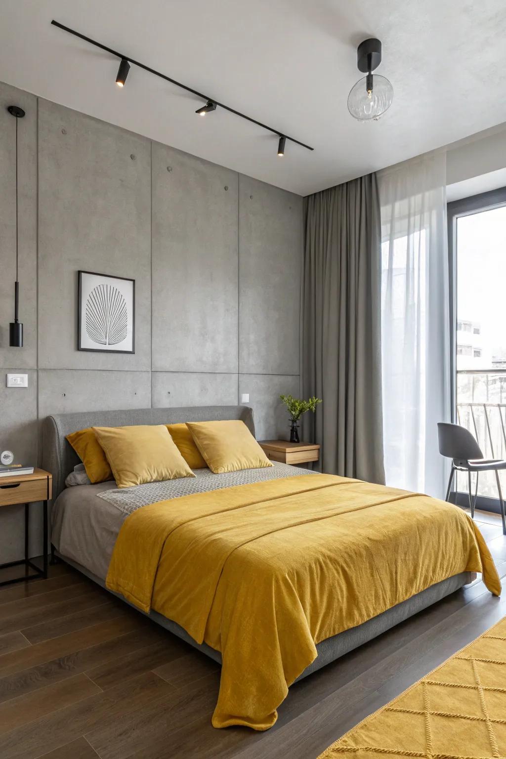 A modern bedroom displaying the stylish contrast of goldenrod and gray.