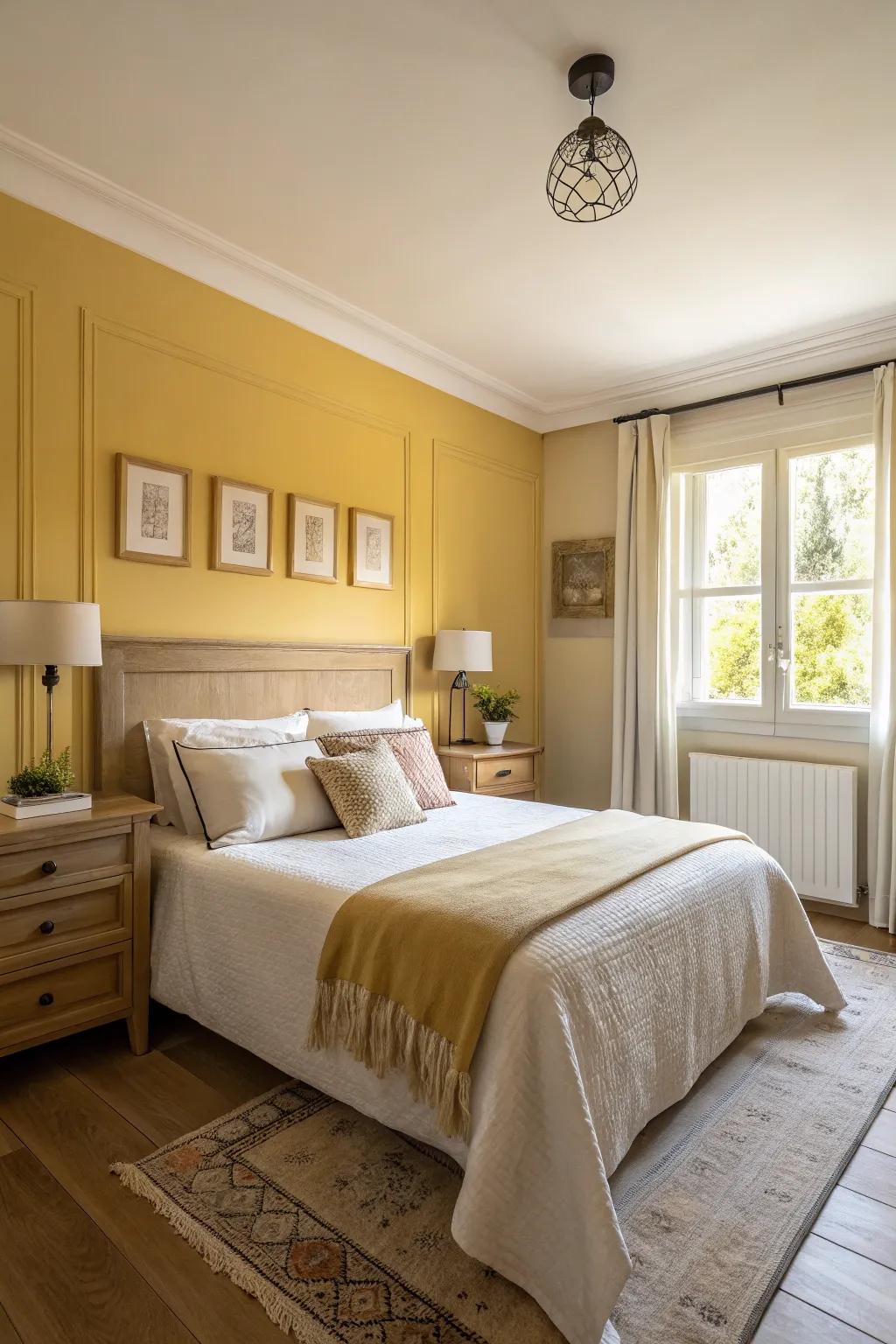 A bedroom showcasing a golden wheat feature wall complemented by understated decor and gentle lighting.