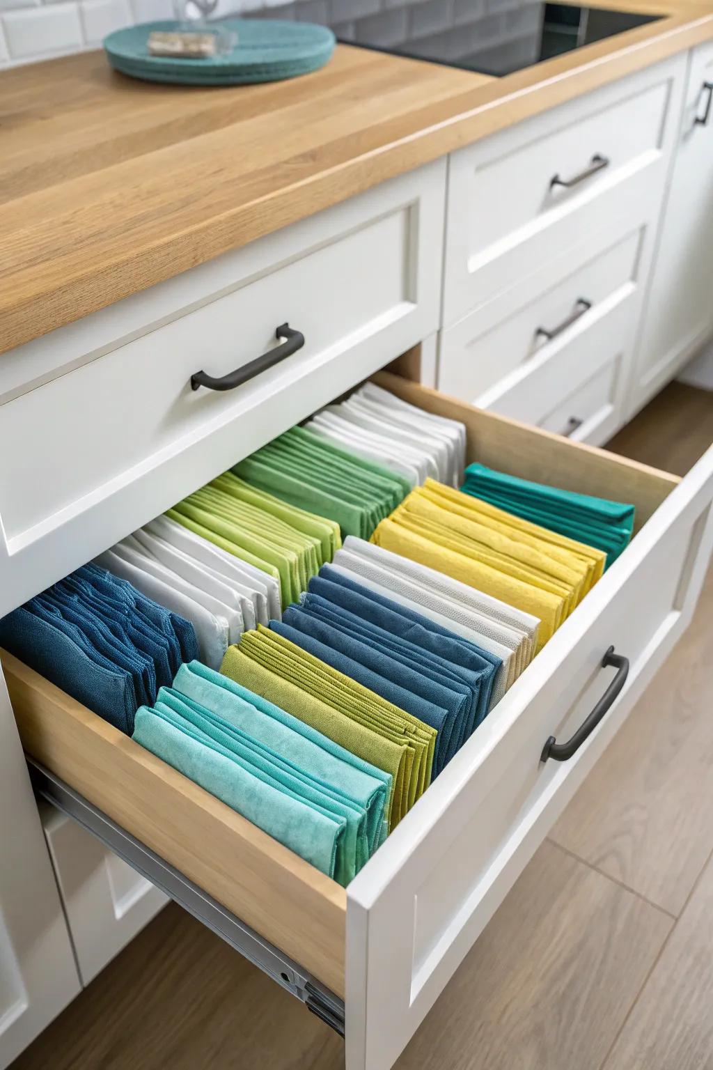 Kitchen drawer showcasing neatly organized, colorful napkins for quick selection.