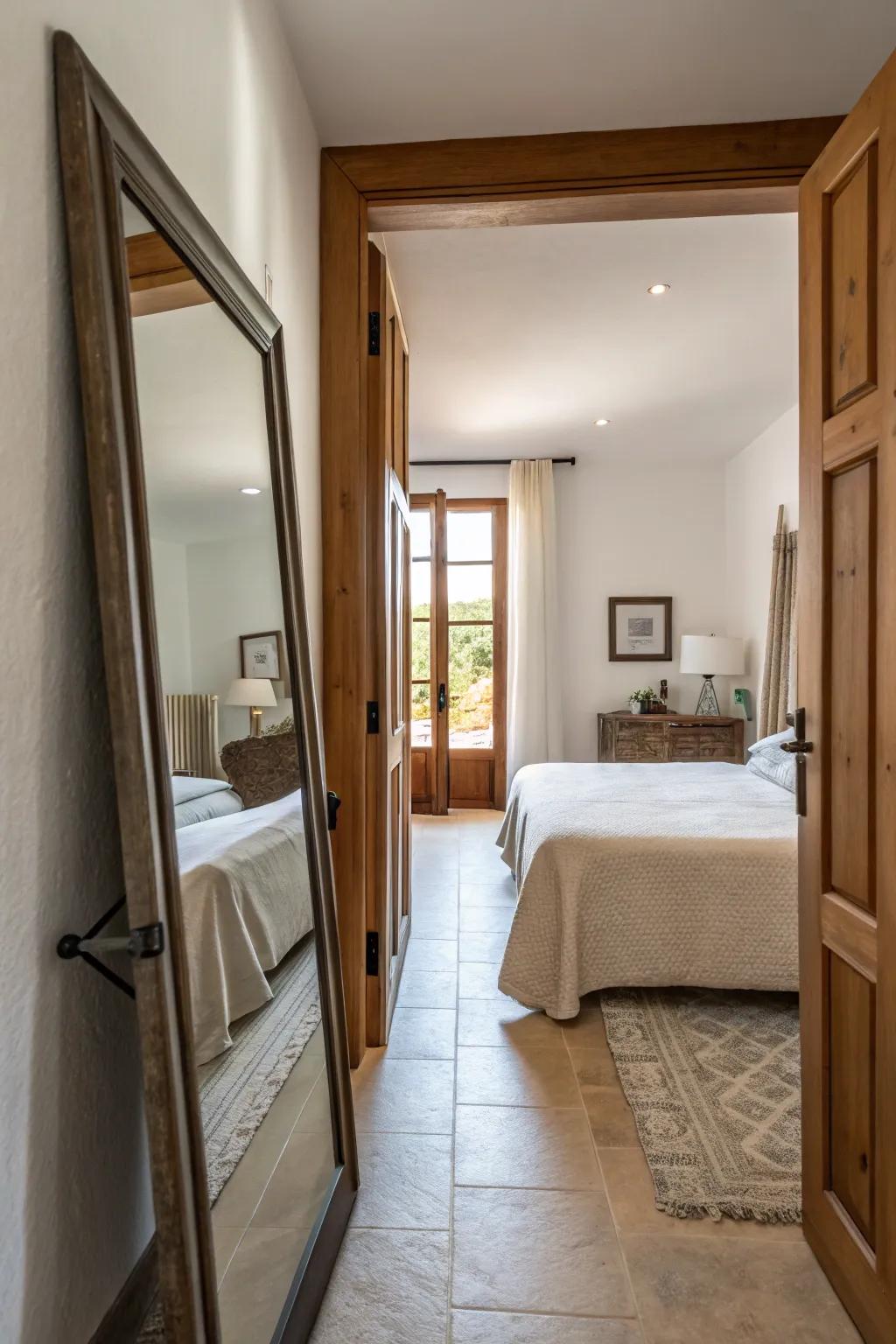 A cleverly positioned large mirror brightens and expands a narrow bedroom.