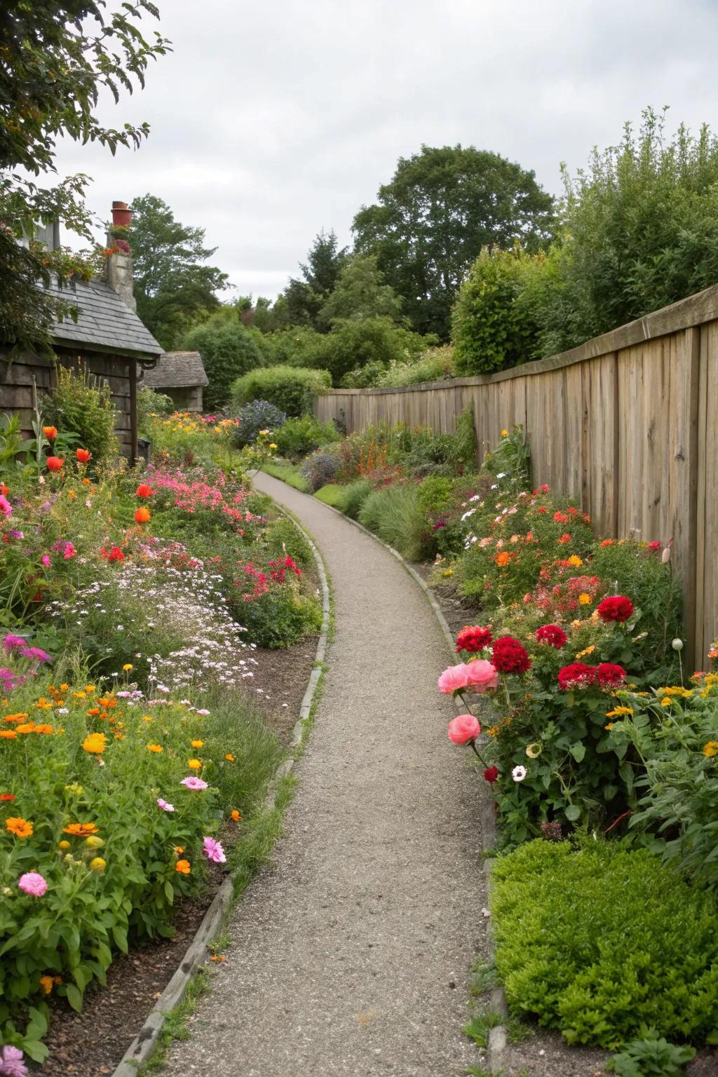 A curving path adds intrigue and space to a narrow garden.