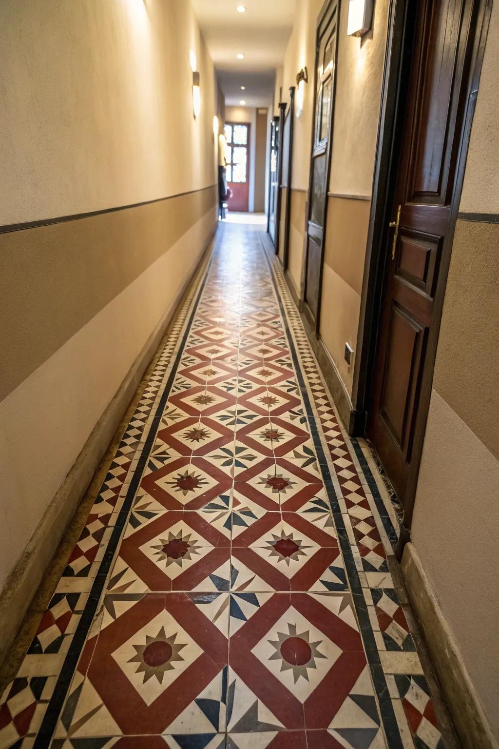 Bold patterned tiles have the power to completely change the look of a narrow hallway.