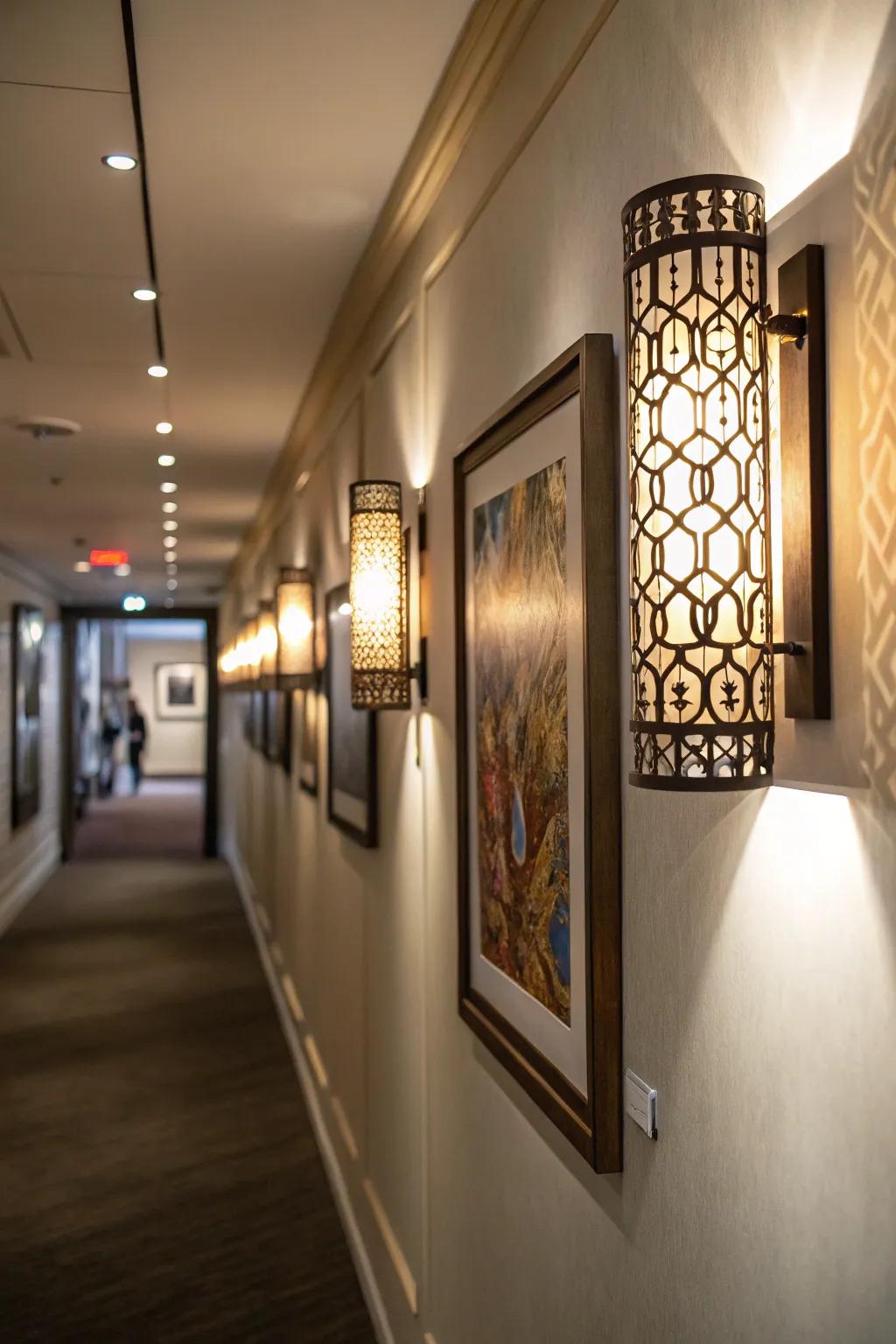 Wall sconces bring both flair and practicality to slender hallways.