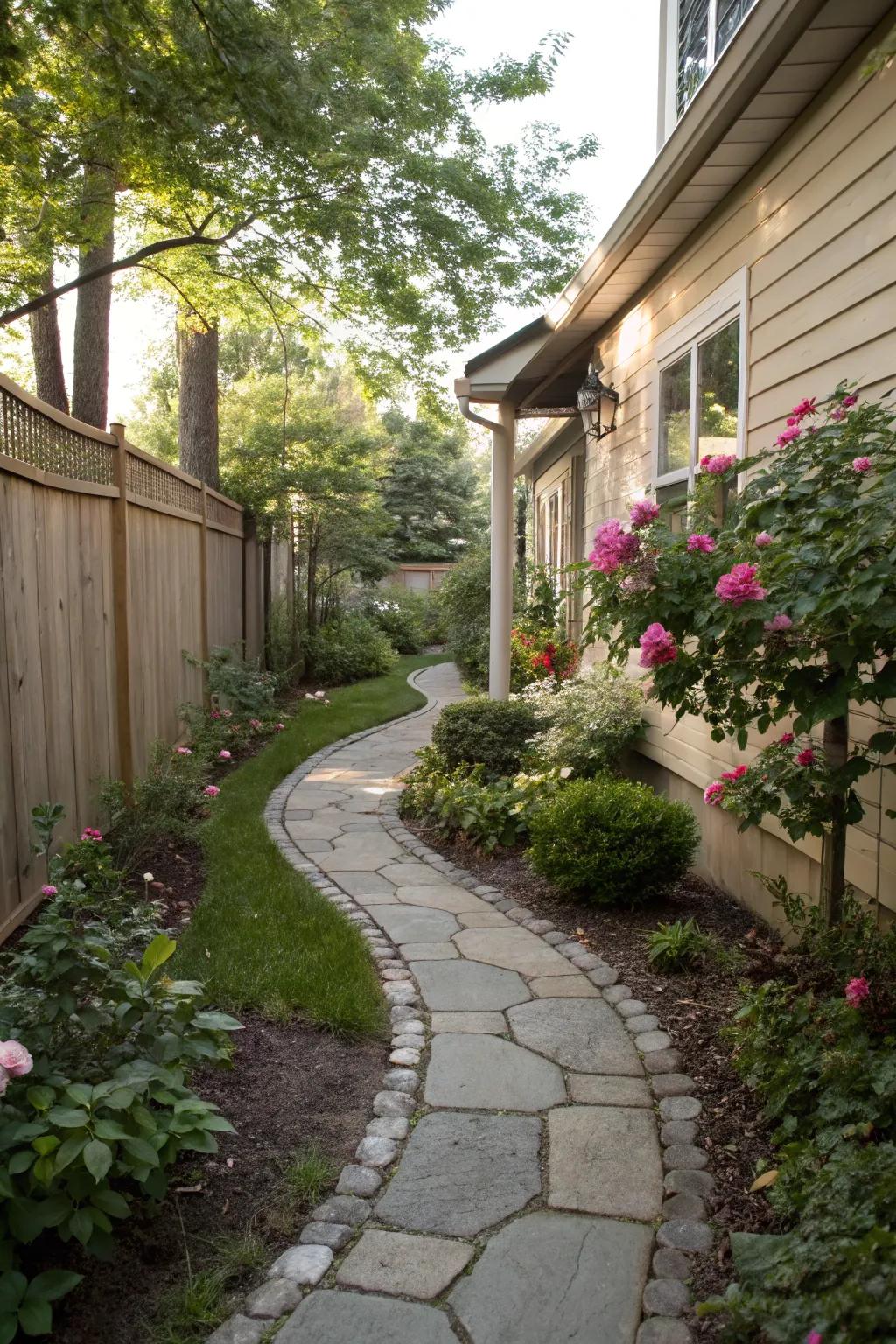 A winding pathway introduces charm and visual allure to a compact side yard.