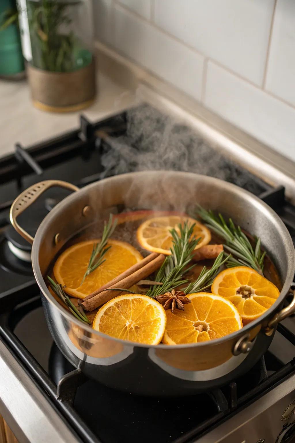 A simmering pot that delicately releases a warm, inviting fragrance.