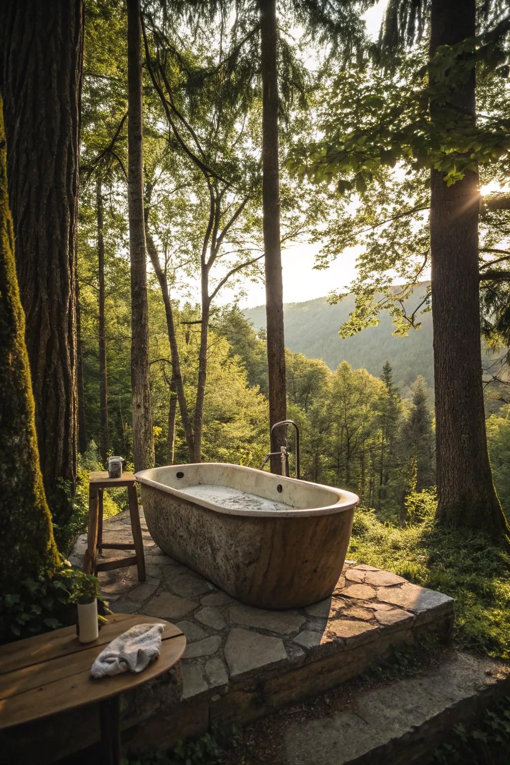 Discover serenity in a forest hideaway with a natural outdoor bathtub.