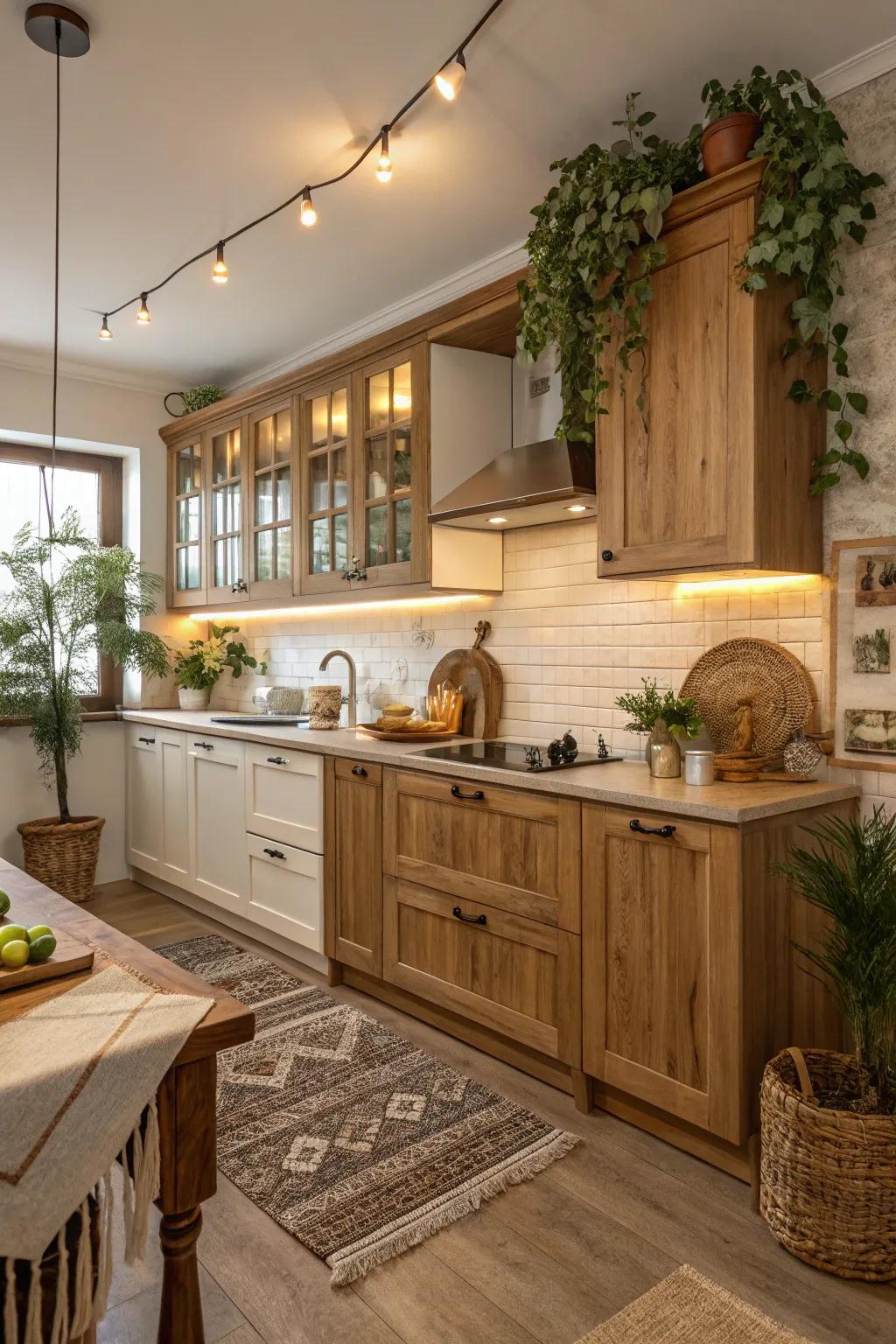 A culinary space showcasing an agreeable combination of gentle oak and walnut timber shades.