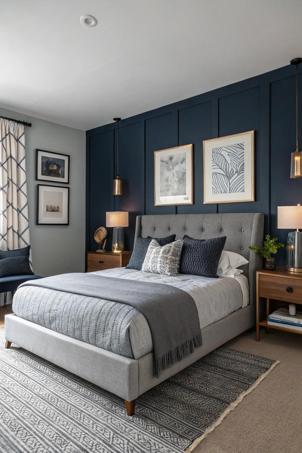 A navy statement wall lends dramatic depth and sophistication to this intimate bedroom.