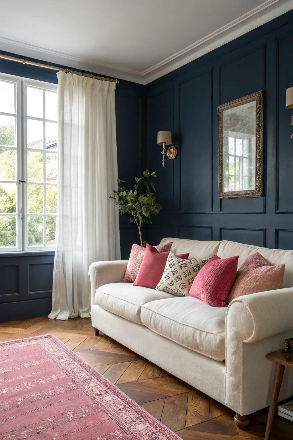 Navy walls offer a striking scene for lively pink touches.