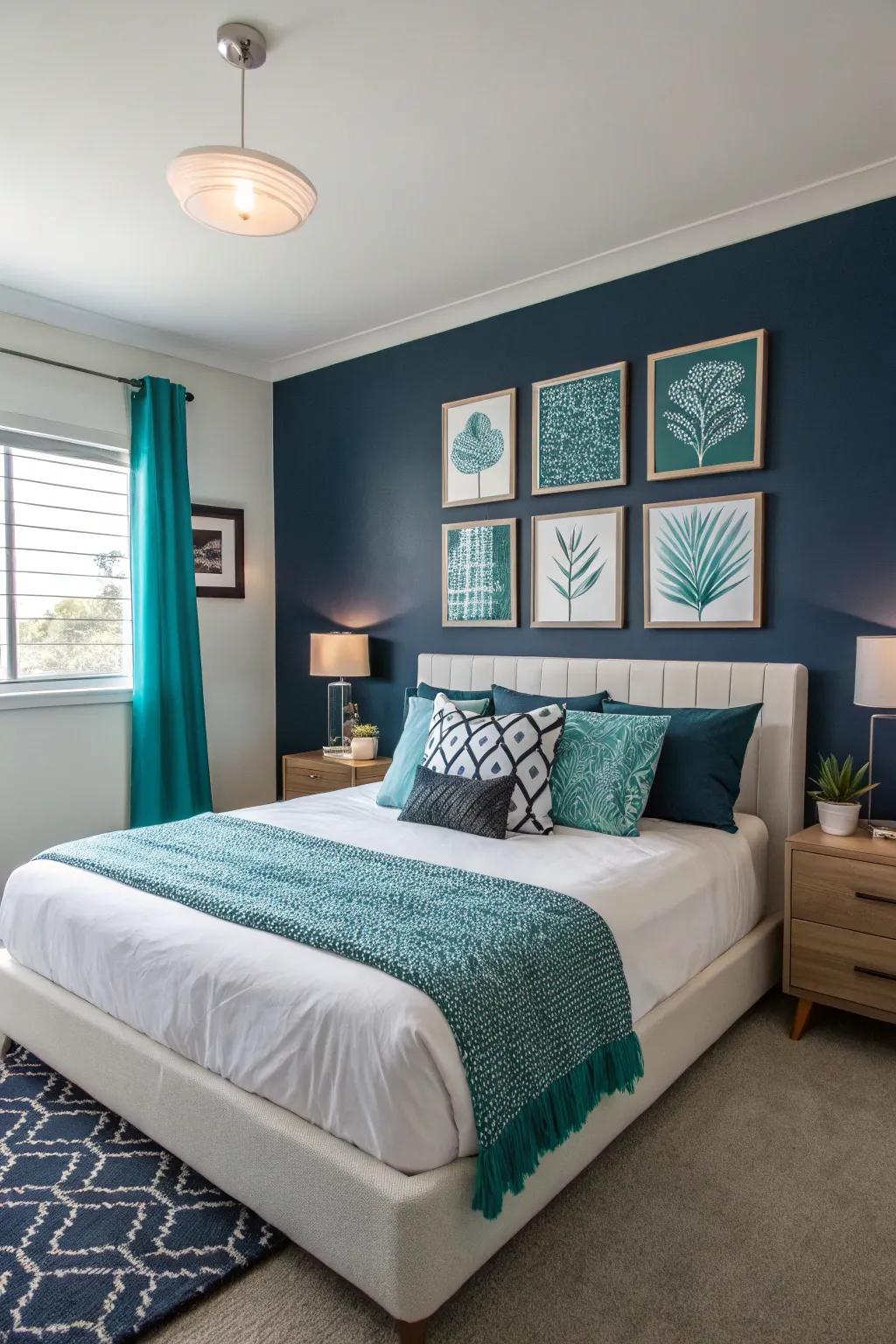 A navy accent wall enriches your bedroom with added depth and a sense of drama.