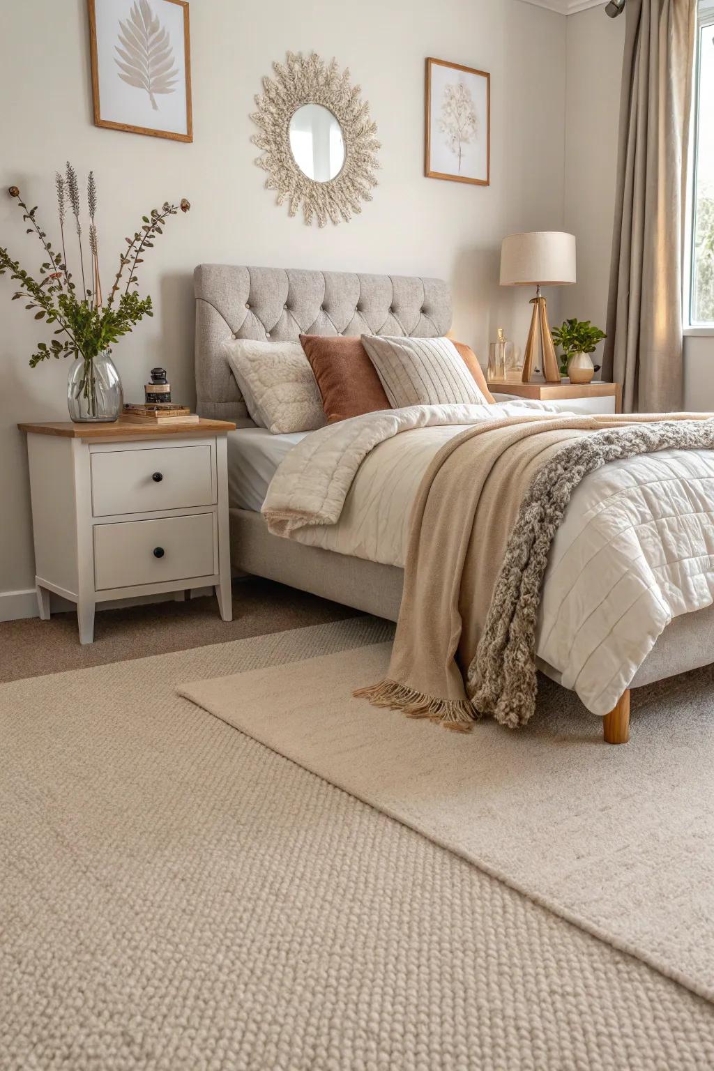 A gentle beige carpet offers flexibility and coziness to any bedroom setting.