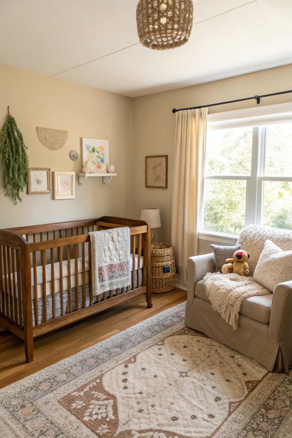 A relaxing beige baby room enhanced with unrefined wooden details.