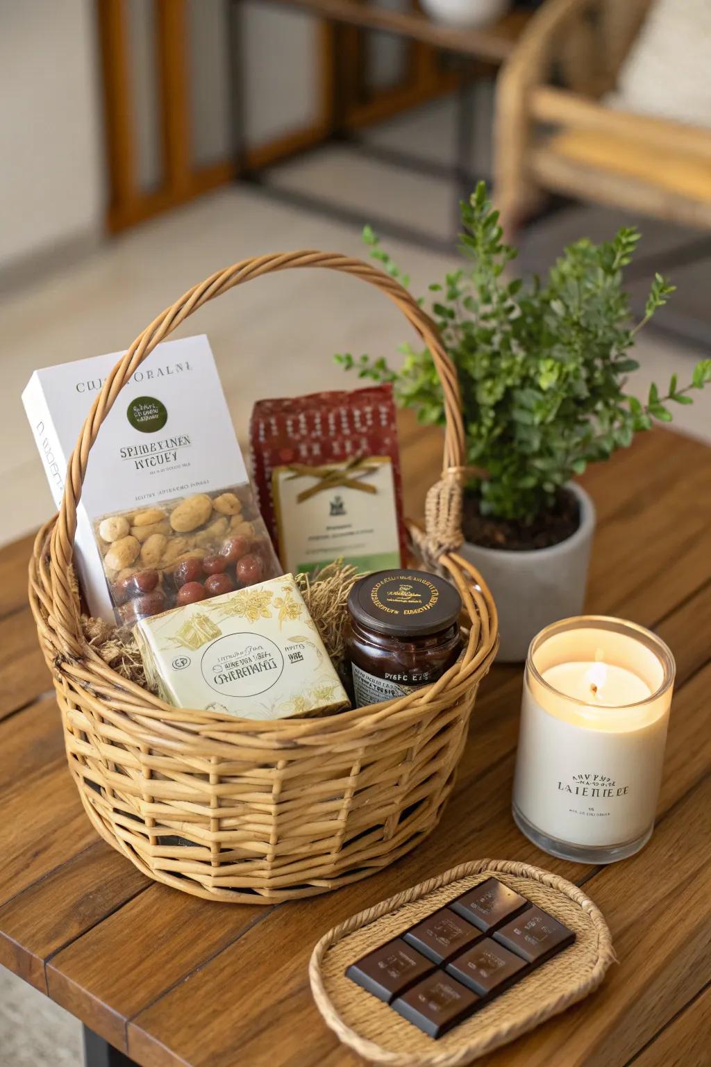 A curated gift basket featuring a combination of gourmet delights and necessary home items.