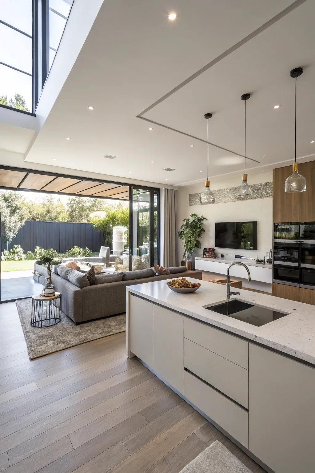 An open-plan kitchen exquisitely merging with the living space, thus augmenting space and cohesion.