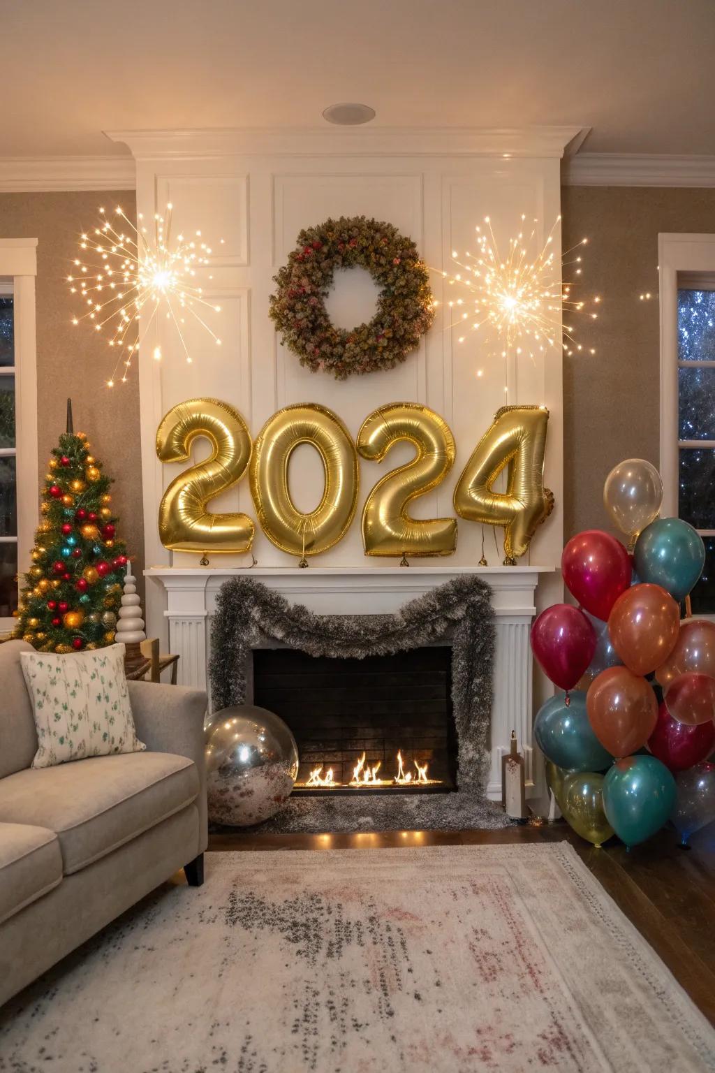 Majestic golden balloon numbers highlight the New Year as a central element in a celebratory arrangement.