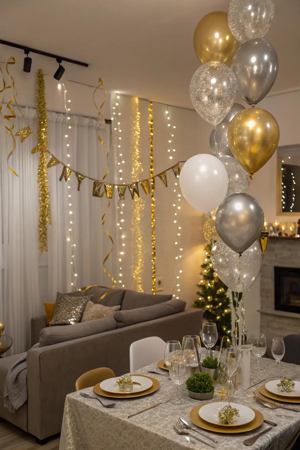 A stunning living space with a gold and silver theme, perfect for New Year's Eve.