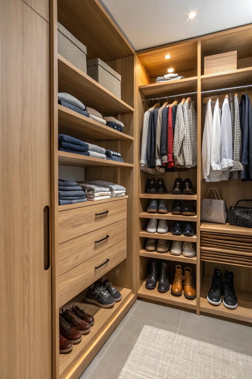 Open closet featuring beautifully arranged wooden shelves
