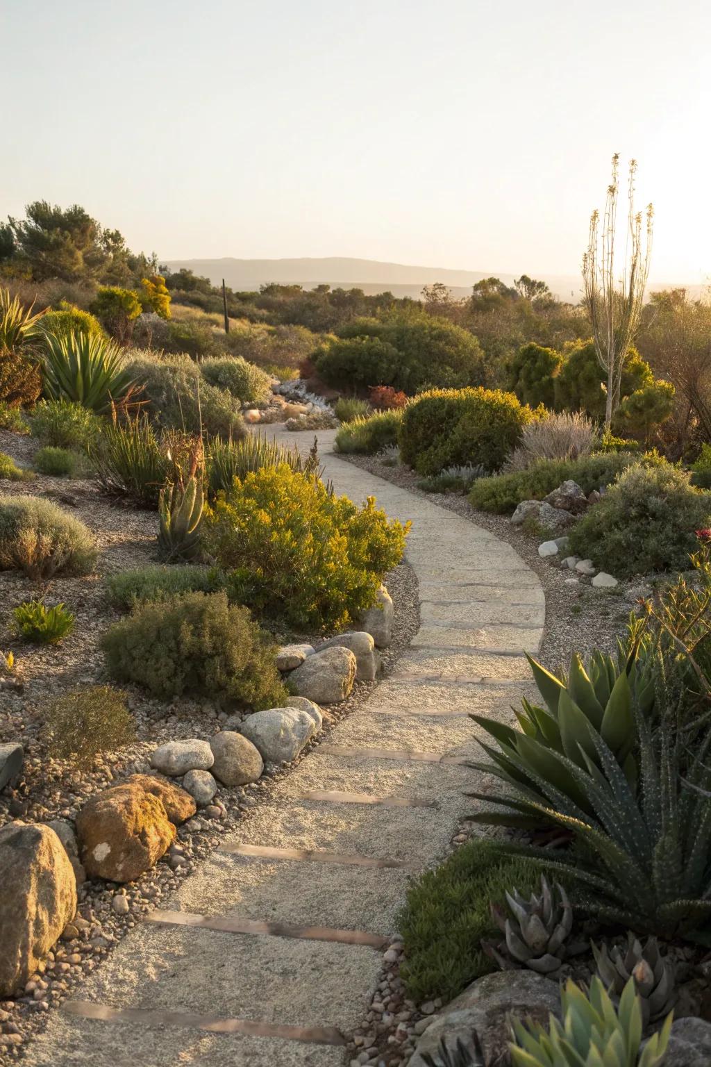 A simple stone and gravel path, bordered by drought-resistant plants.