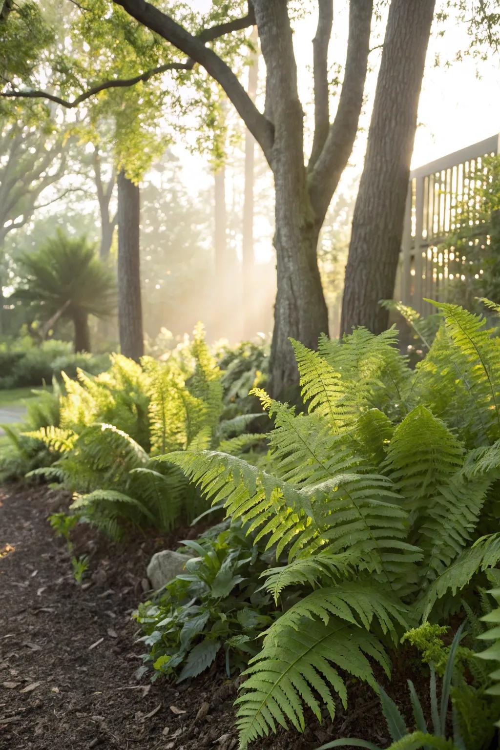 An assortment of ferns crafting varied textures in a shaded corner of the garden.